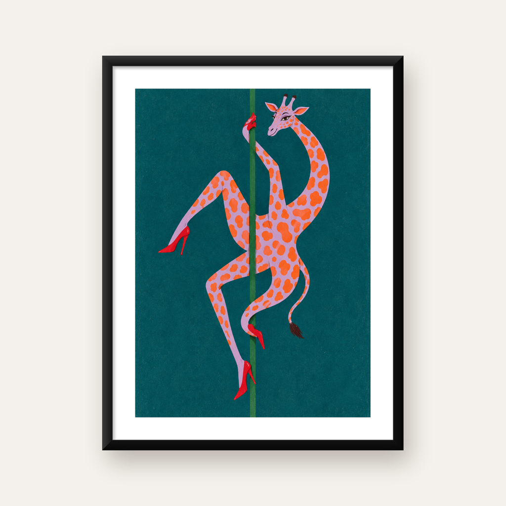 Direkte Dans Eden Zürafa Mizahi Sanat Poster – Çerçeveli — Dikey baskı, beyaz kenar boşluklu