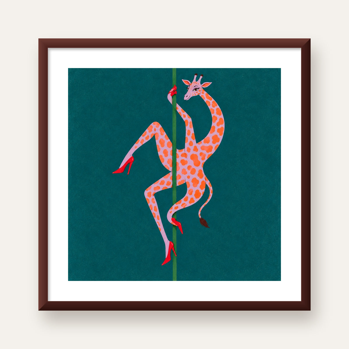 Direkte Dans Eden Zürafa Mizahi Sanat Poster — ceviz çerçeveli paspartulu