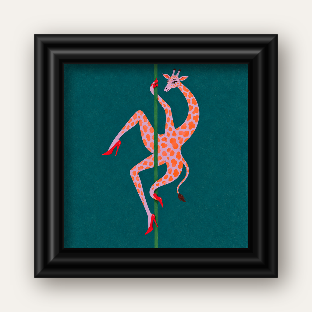 Direkte Dans Eden Zürafa Mizahi Sanat Poster — siyah galeri çerçeveli