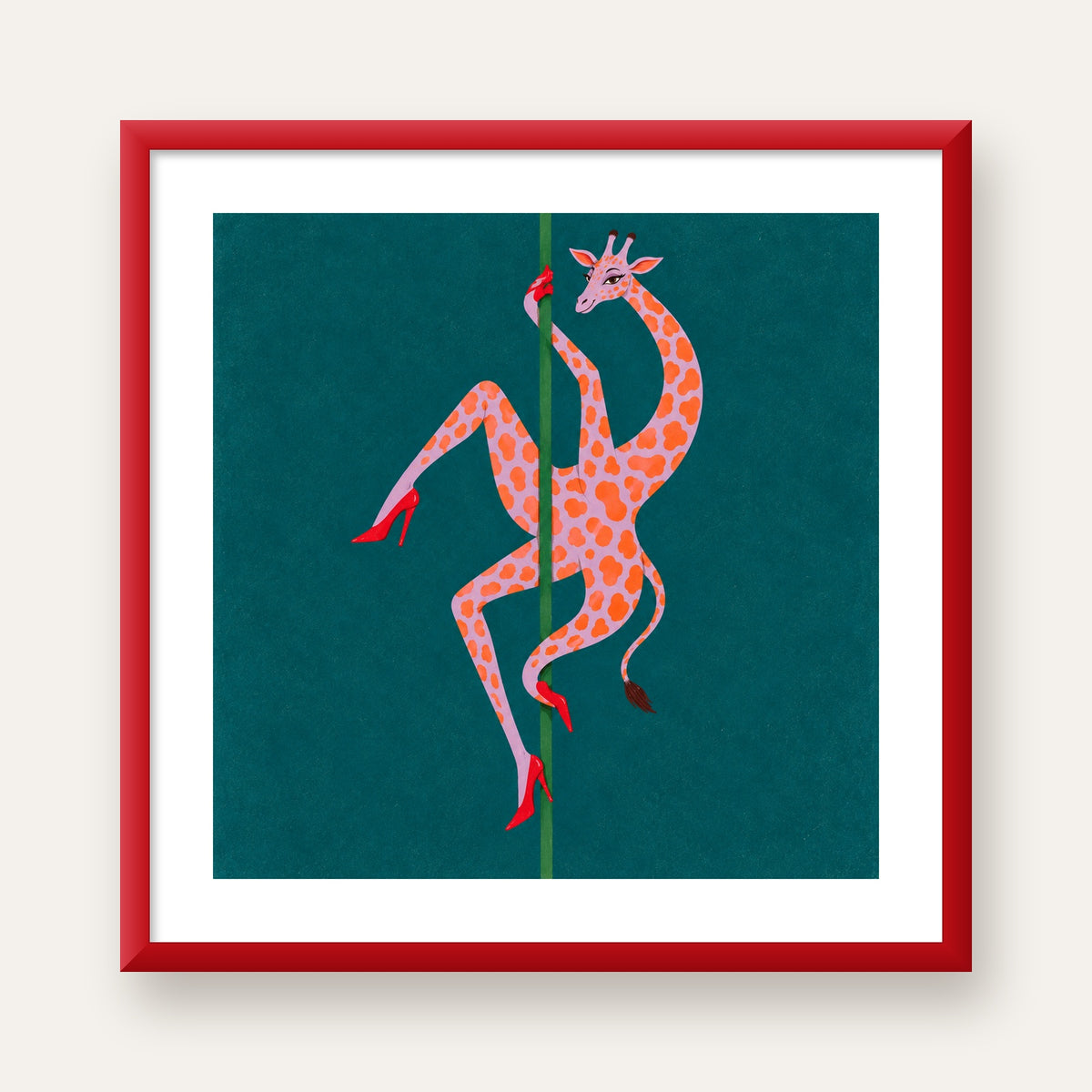 Direkte Dans Eden Zürafa Mizahi Sanat Poster — kırmızı çerçeveli paspartulu