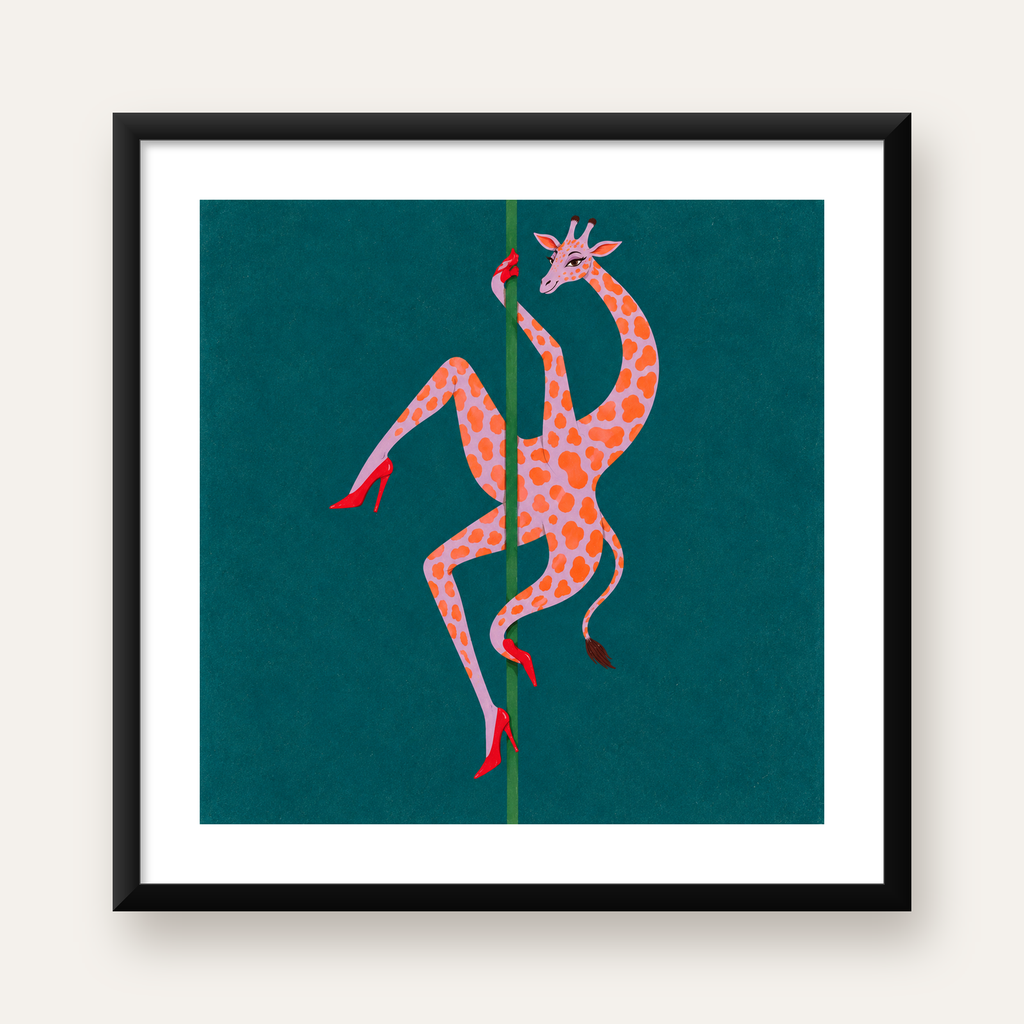 Direkte Dans Eden Zürafa Mizahi Sanat Poster – Çerçeveli — Kare baskı, beyaz kenar boşluklu