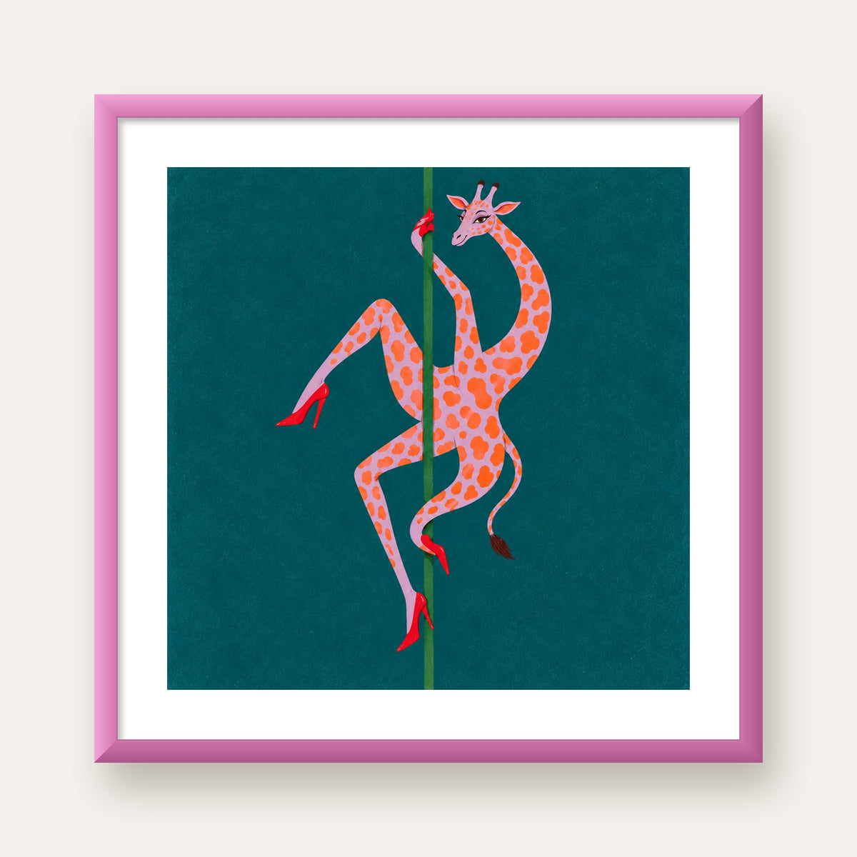 Direkte Dans Eden Zürafa Mizahi Sanat Poster — pembe çerçeveli paspartulu