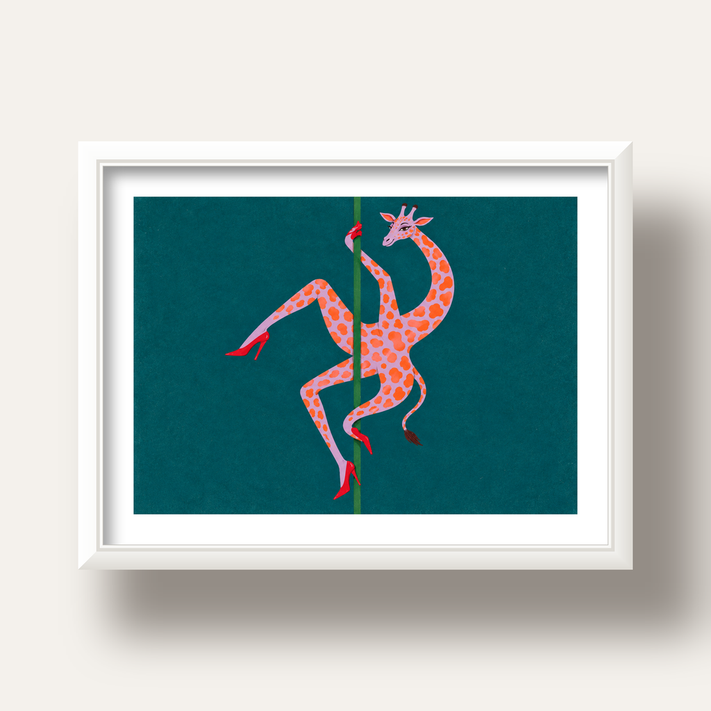 Direkte Dans Eden Zürafa Mizahi Sanat Poster — beyaz derin çerçeveli paspartulu