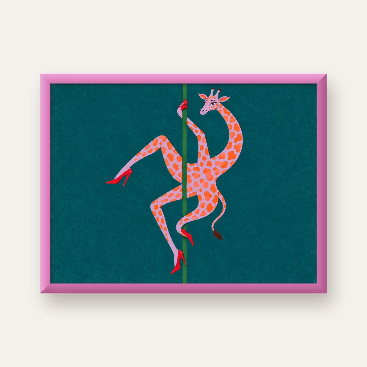 Direkte Dans Eden Zürafa Mizahi Sanat Poster — pembe çerçeveli