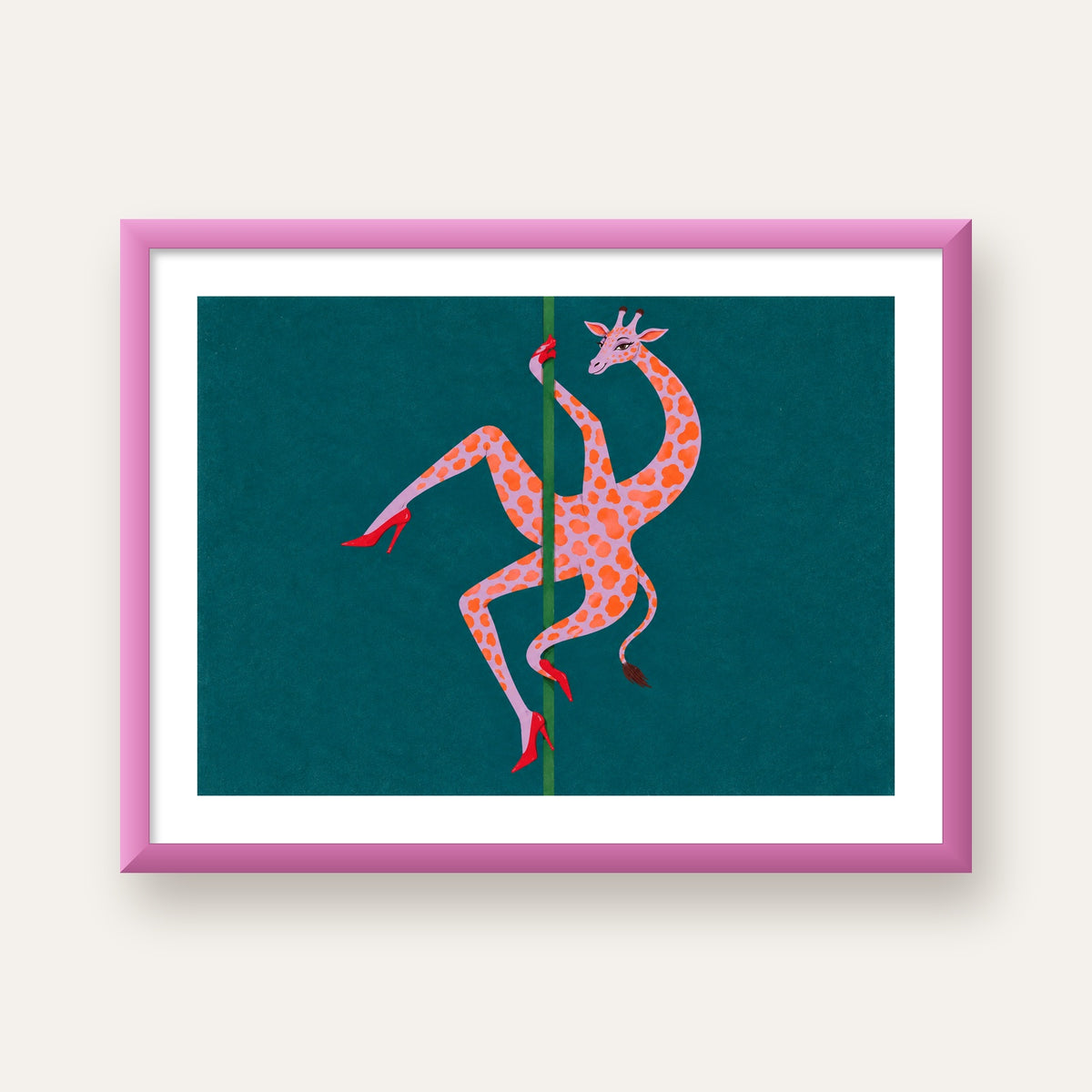Direkte Dans Eden Zürafa Mizahi Sanat Poster — pembe çerçeveli paspartulu