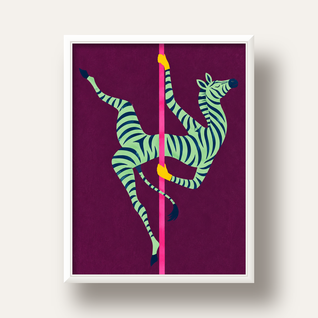 Direk Dansı Yapan Zebra Renkli Dijital İllüstrasyon Poster — beyaz derin çerçeveli