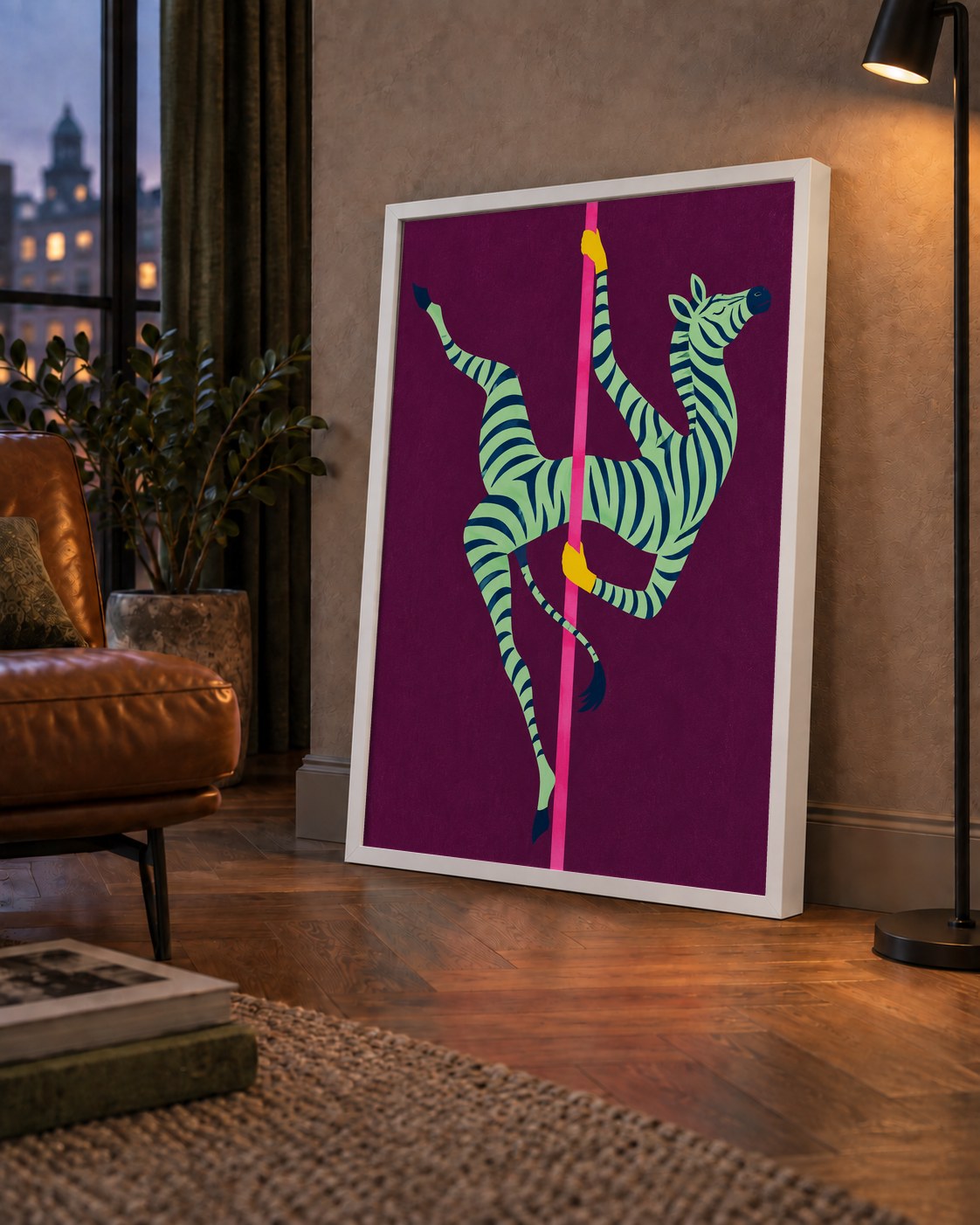 Direk Dansı Yapan Zebra Renkli Dijital İllüstrasyon Poster — çerçeveli hâliyle bir ev duvarında