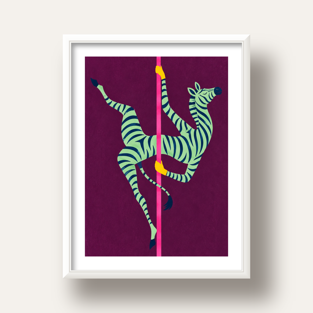Direk Dansı Yapan Zebra Renkli Dijital İllüstrasyon Poster — beyaz derin çerçeveli paspartulu