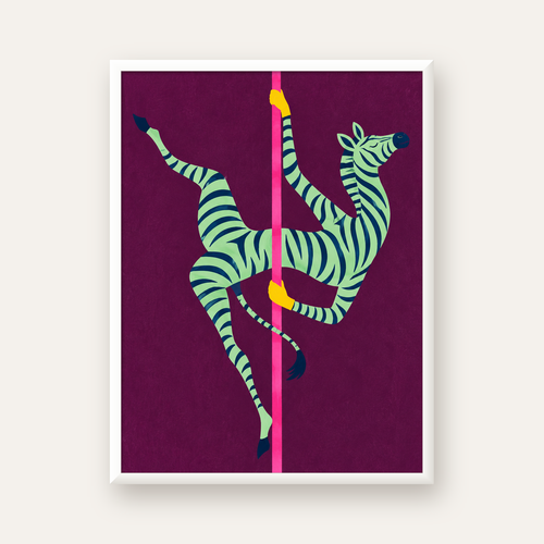 Direk Dansı Yapan Zebra Renkli Dijital İllüstrasyon Poster — beyaz çerçeveli dikey poster