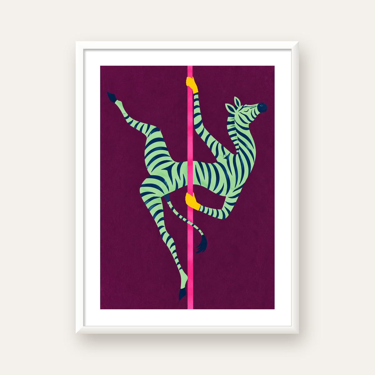 Direk Dansı Yapan Zebra Renkli Dijital İllüstrasyon Poster — beyaz çerçeveli dikey poster