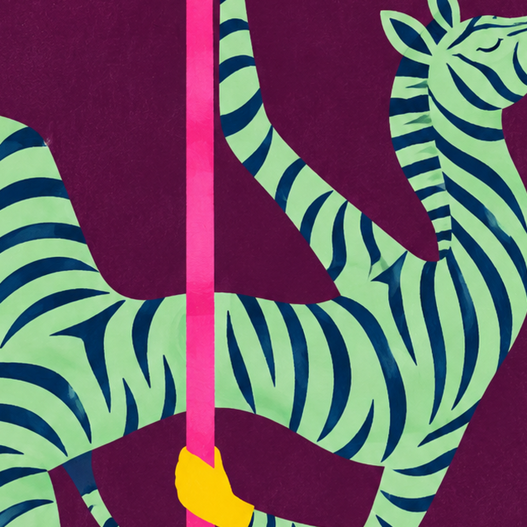 Direk Dansı Yapan Zebra Renkli Dijital İllüstrasyon Poster — baskının yakın çekimi, kâğıt dokusu ve renk detayı