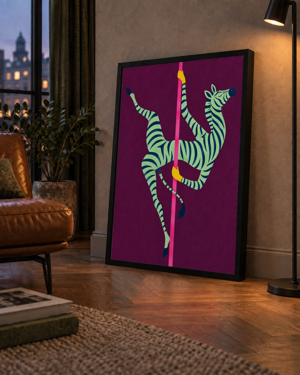 Direk Dansı Yapan Zebra Renkli Dijital İllüstrasyon Poster — çerçeveli hâliyle bir ev duvarında