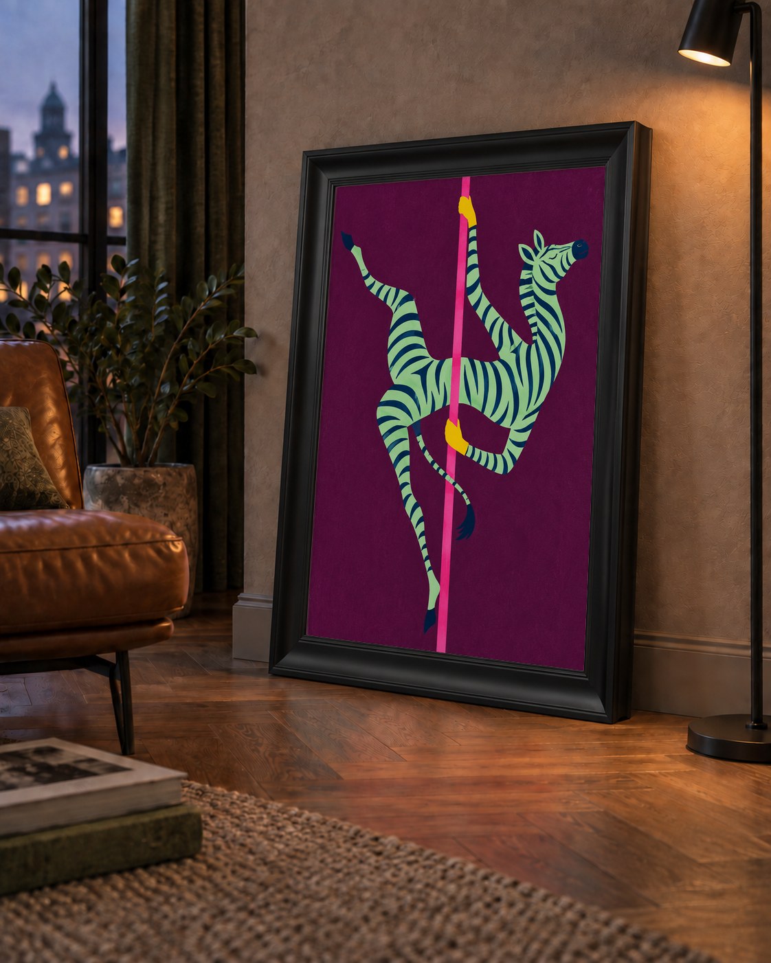 Direk Dansı Yapan Zebra Renkli Dijital İllüstrasyon Poster — çerçeveli hâliyle bir ev duvarında