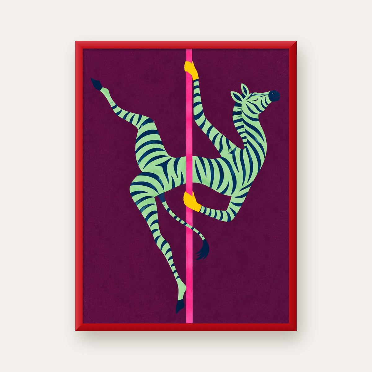 Direk Dansı Yapan Zebra Renkli Dijital İllüstrasyon Poster — kırmızı çerçeveli