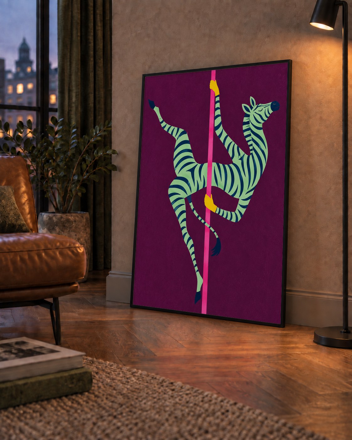 Direk Dansı Yapan Zebra Renkli Dijital İllüstrasyon Poster — çerçeveli hâliyle bir ev duvarında