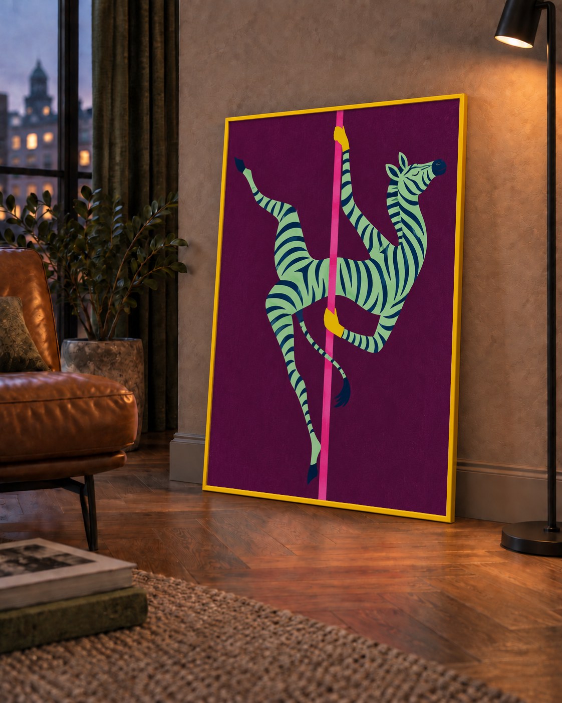Direk Dansı Yapan Zebra Renkli Dijital İllüstrasyon Poster — çerçeveli hâliyle bir ev duvarında