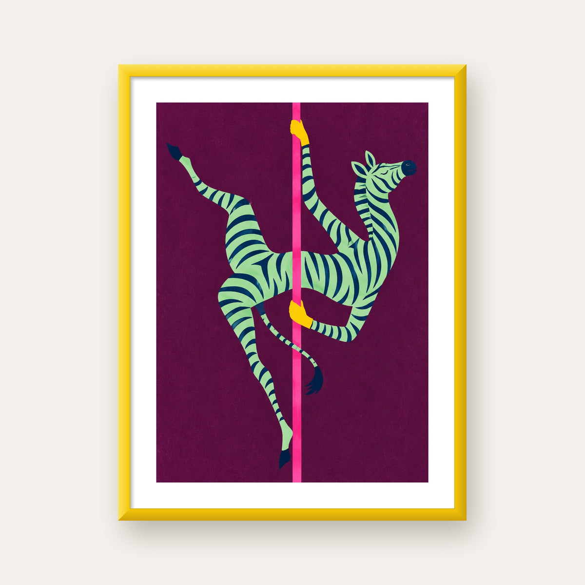 Direk Dansı Yapan Zebra Renkli Dijital İllüstrasyon Poster — sarı çerçeveli paspartulu