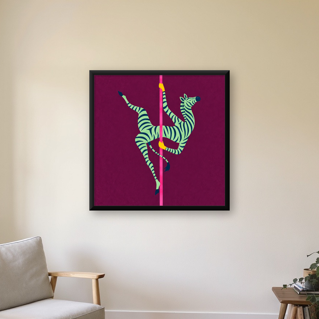 Direk Dansı Yapan Zebra Renkli Dijital İllüstrasyon Poster — Kare baskı, çerçeveli hâliyle bir ev duvarında