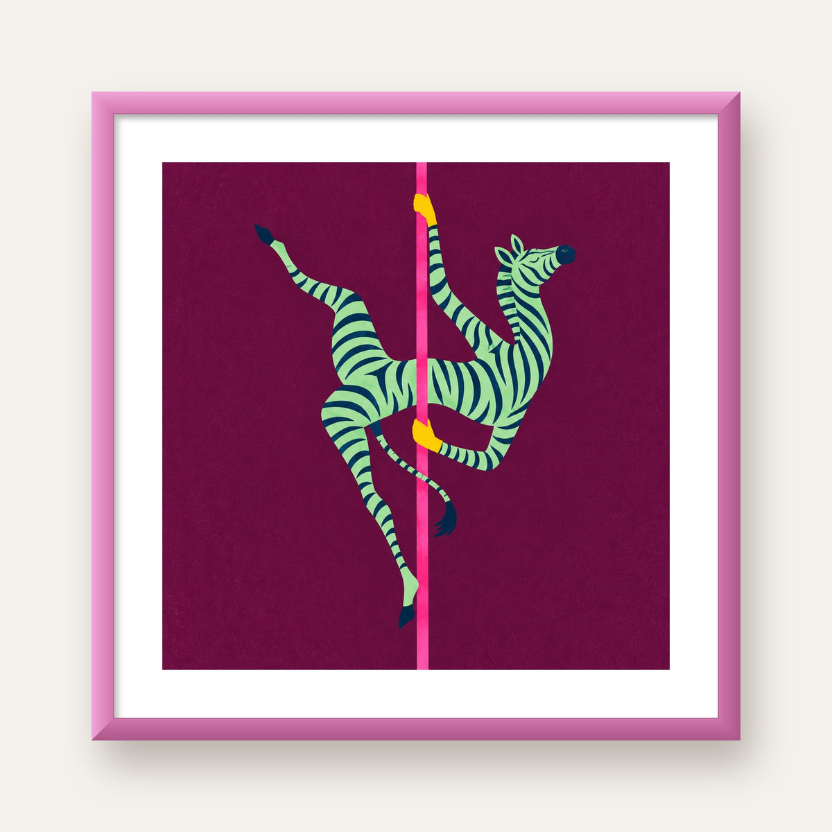 Direk Dansı Yapan Zebra Renkli Dijital İllüstrasyon Poster — pembe çerçeveli paspartulu