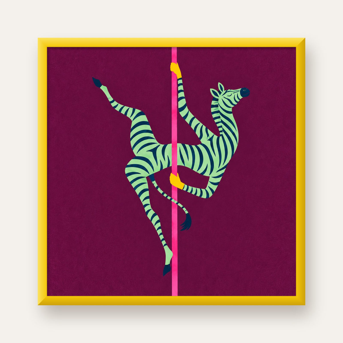 Direk Dansı Yapan Zebra Renkli Dijital İllüstrasyon Poster — sarı çerçeveli