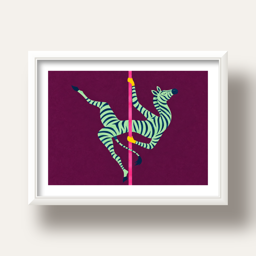 Direk Dansı Yapan Zebra Renkli Dijital İllüstrasyon Poster — beyaz derin çerçeveli paspartulu