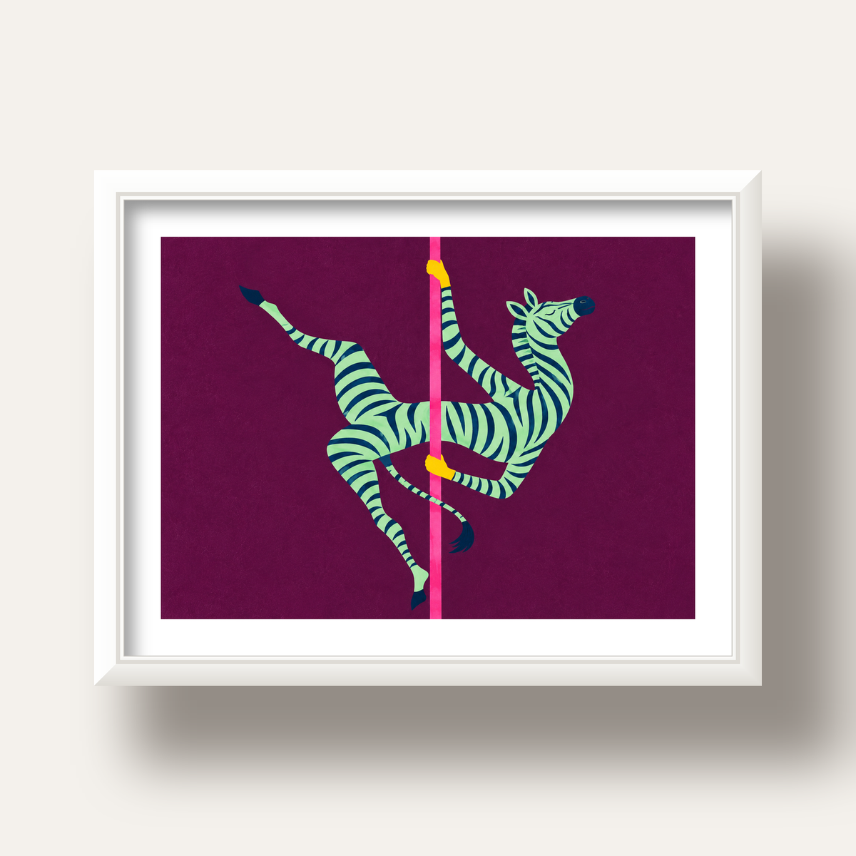 Direk Dansı Yapan Zebra Renkli Dijital İllüstrasyon Poster — beyaz derin çerçeveli paspartulu