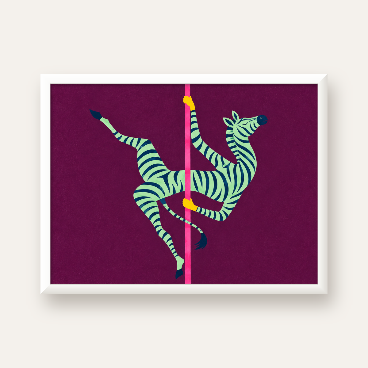 Direk Dansı Yapan Zebra Renkli Dijital İllüstrasyon Poster — beyaz çerçeveli yatay poster