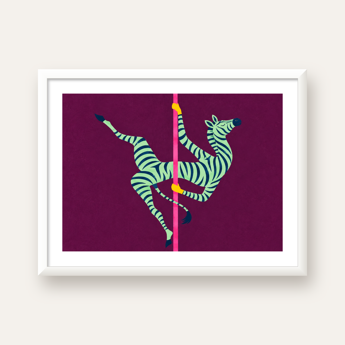 Direk Dansı Yapan Zebra Renkli Dijital İllüstrasyon Poster — beyaz çerçeveli yatay poster