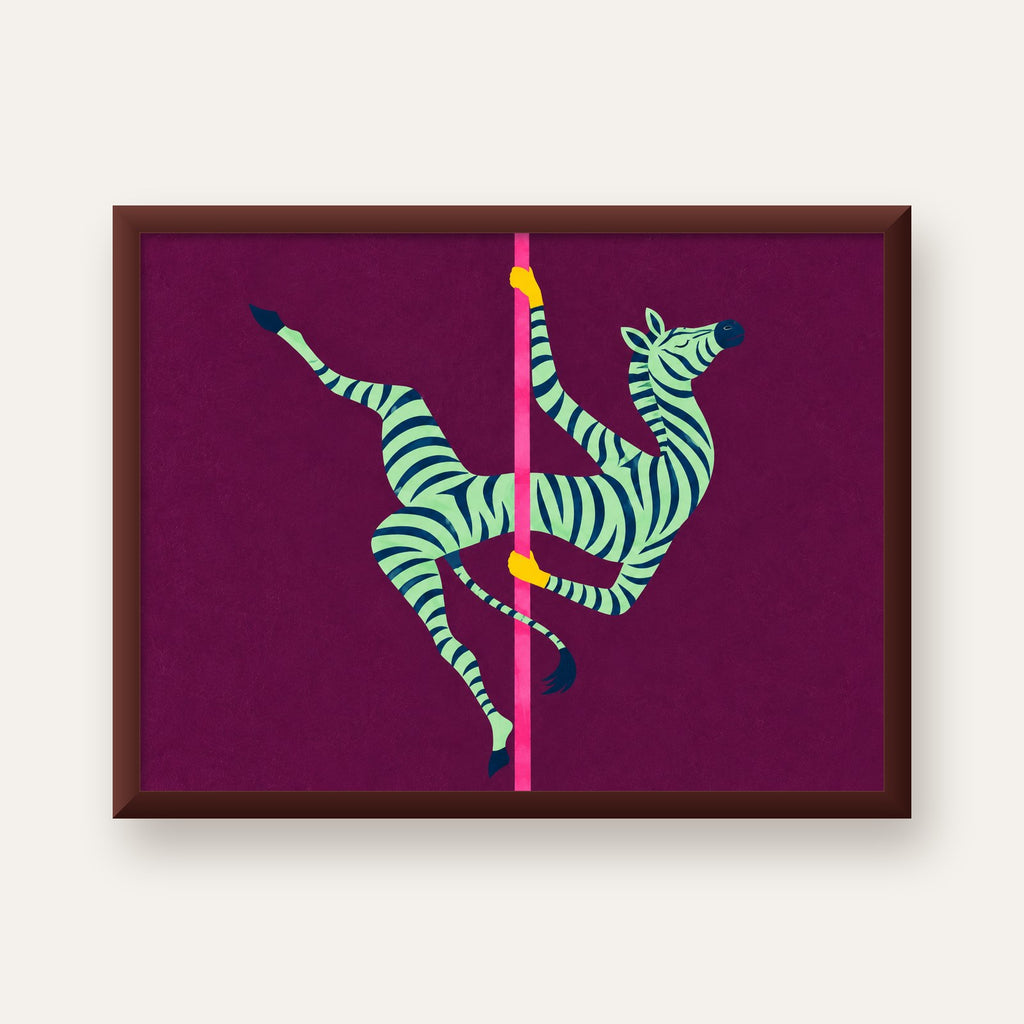 Direk Dansı Yapan Zebra Renkli Dijital İllüstrasyon Poster — ceviz çerçeveli