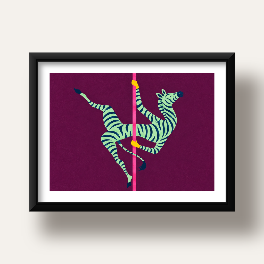 Direk Dansı Yapan Zebra Renkli Dijital İllüstrasyon Poster — siyah derin çerçeveli paspartulu