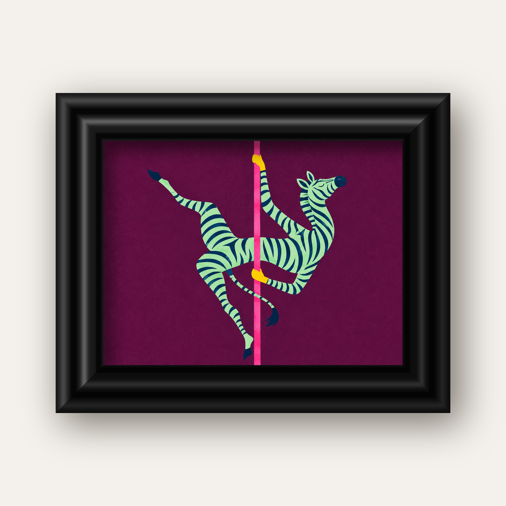Direk Dansı Yapan Zebra Renkli Dijital İllüstrasyon Poster — siyah galeri çerçeveli