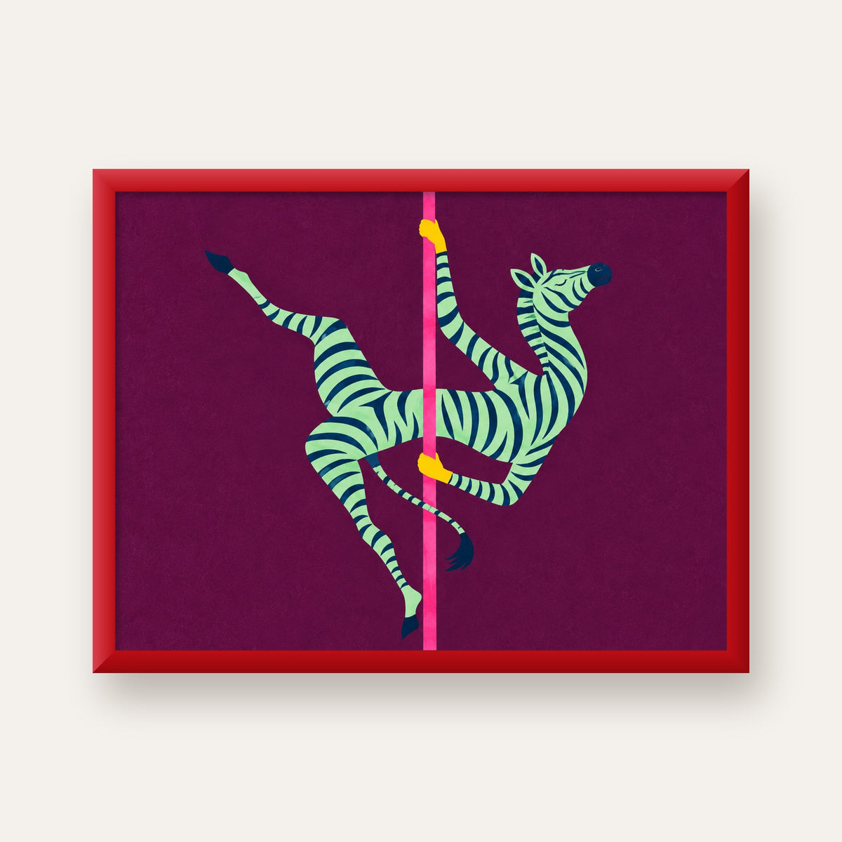 Direk Dansı Yapan Zebra Renkli Dijital İllüstrasyon Poster — kırmızı çerçeveli