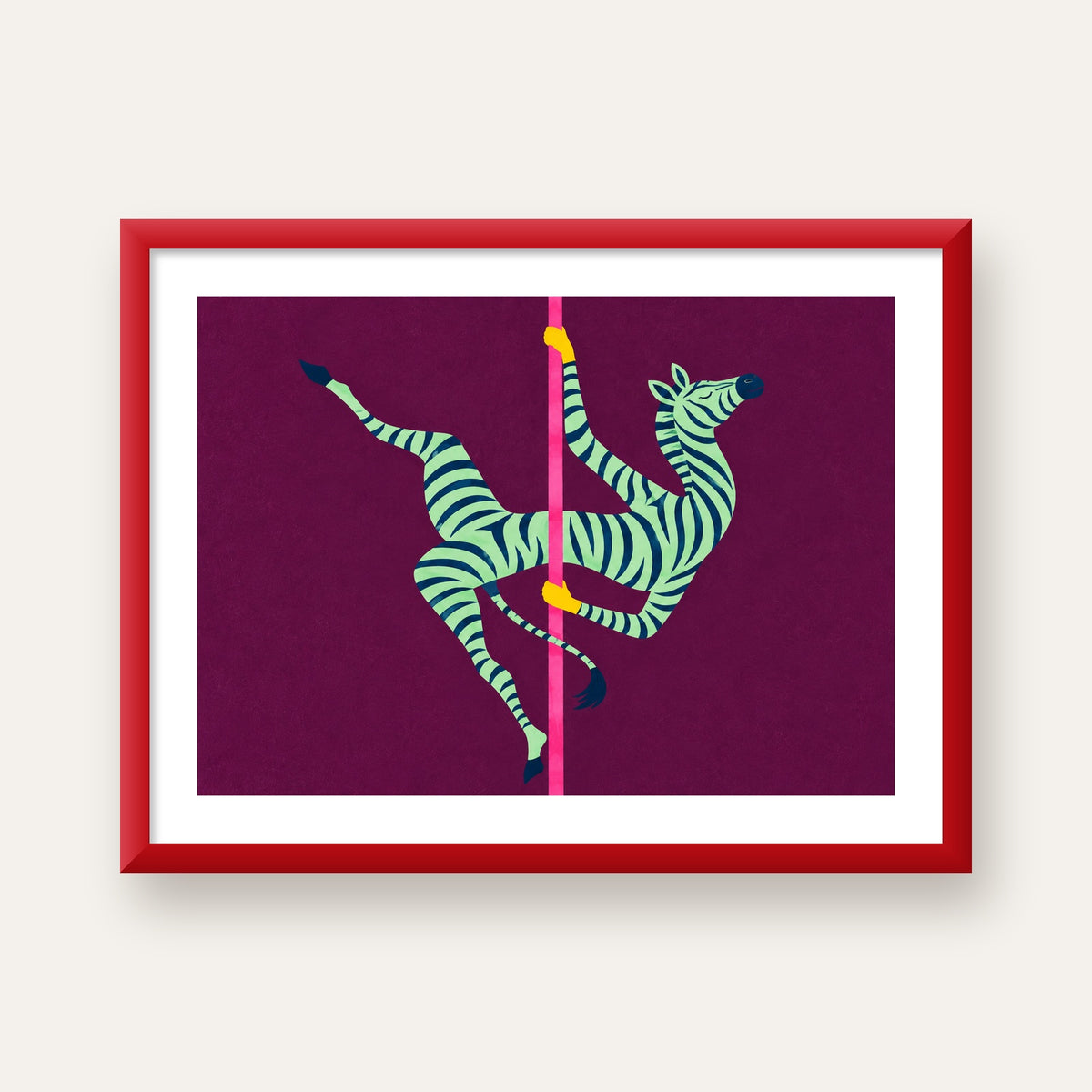 Direk Dansı Yapan Zebra Renkli Dijital İllüstrasyon Poster — kırmızı çerçeveli paspartulu