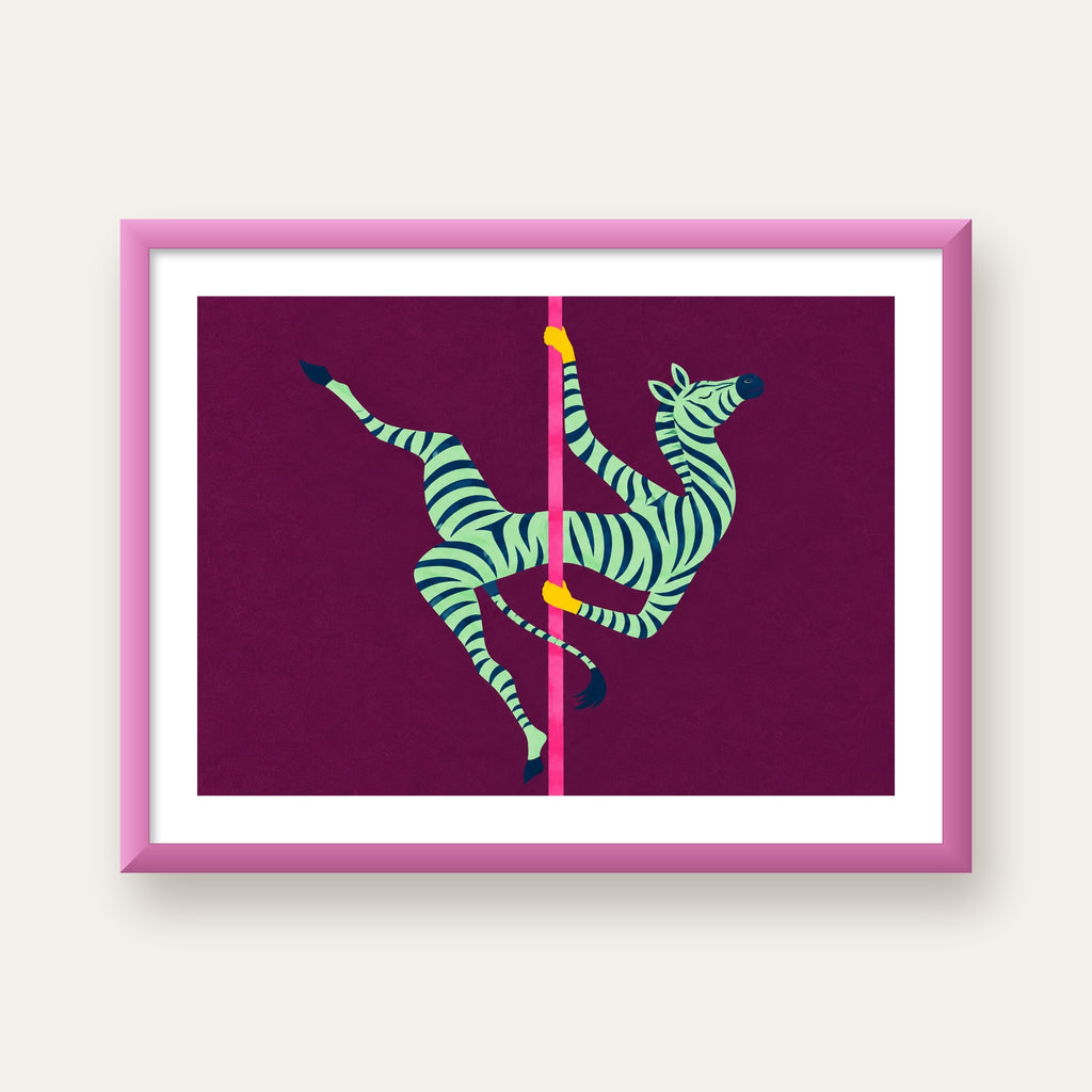 Direk Dansı Yapan Zebra Renkli Dijital İllüstrasyon Poster — pembe çerçeveli paspartulu