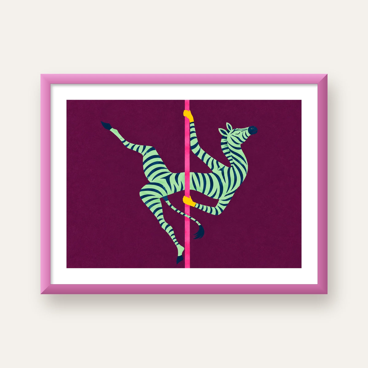 Direk Dansı Yapan Zebra Renkli Dijital İllüstrasyon Poster — pembe çerçeveli paspartulu