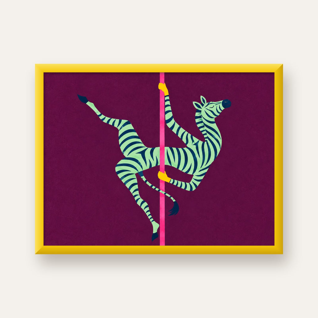 Direk Dansı Yapan Zebra Renkli Dijital İllüstrasyon Poster — sarı çerçeveli
