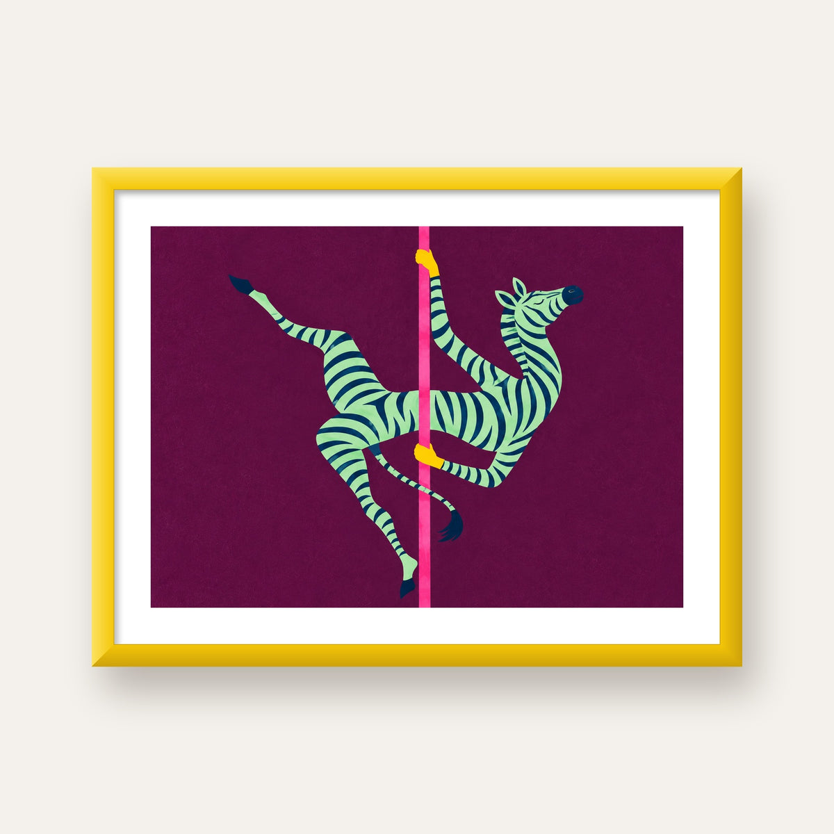 Direk Dansı Yapan Zebra Renkli Dijital İllüstrasyon Poster — sarı çerçeveli paspartulu