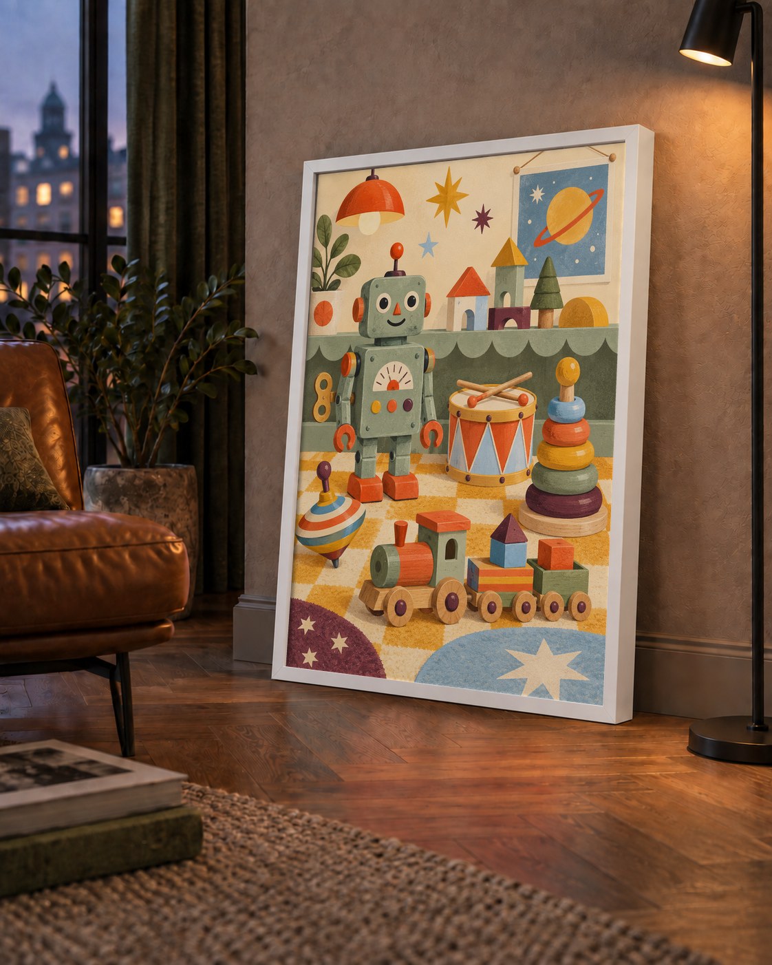 Retro Oyuncak Geçidi Çocuk Odası Posteri — çerçeveli hâliyle bir ev duvarında