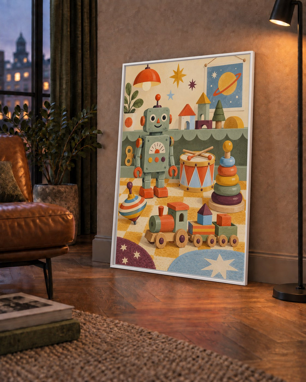Retro Oyuncak Geçidi Çocuk Odası Posteri — çerçeveli hâliyle bir ev duvarında
