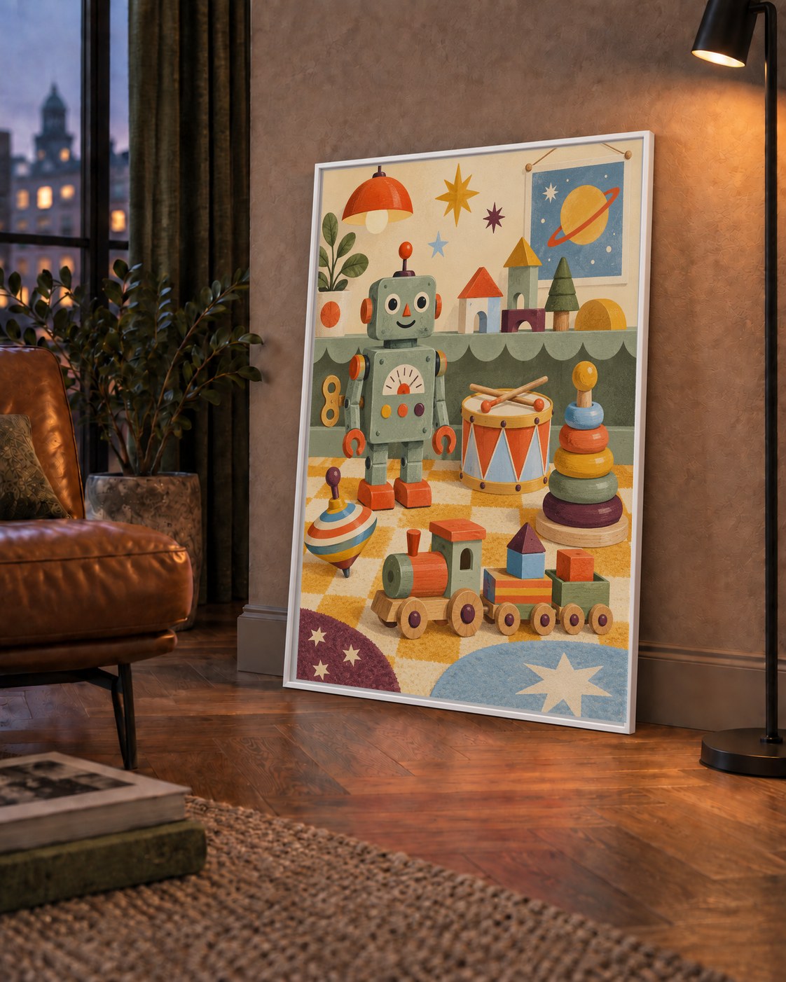 Retro Oyuncak Geçidi Çocuk Odası Posteri — çerçeveli hâliyle bir ev duvarında