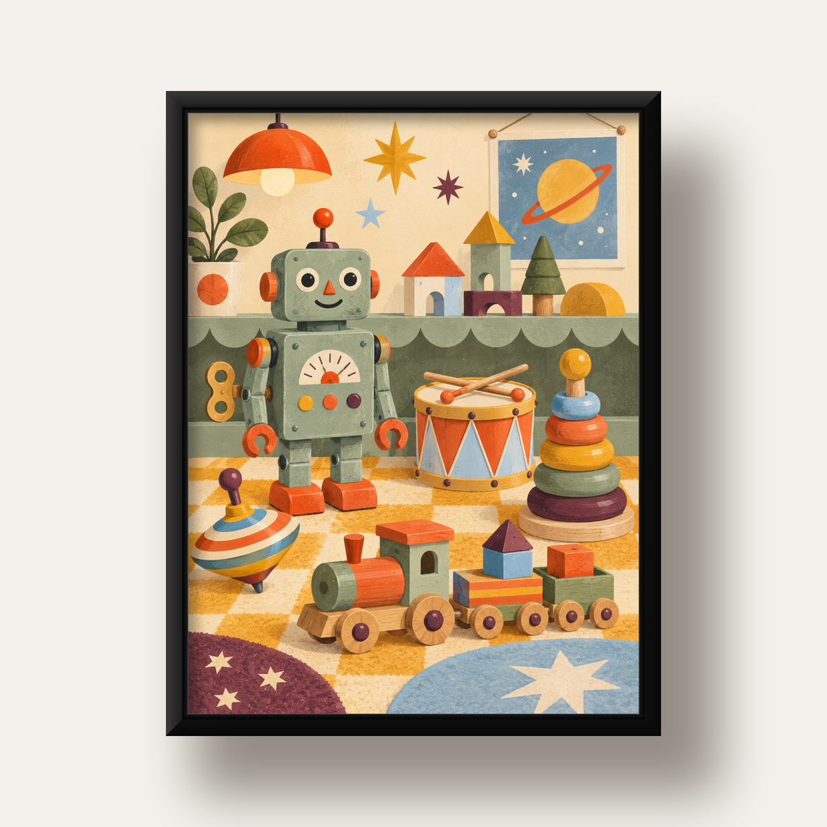 Retro Oyuncak Geçidi Çocuk Odası Posteri — siyah derin çerçeveli