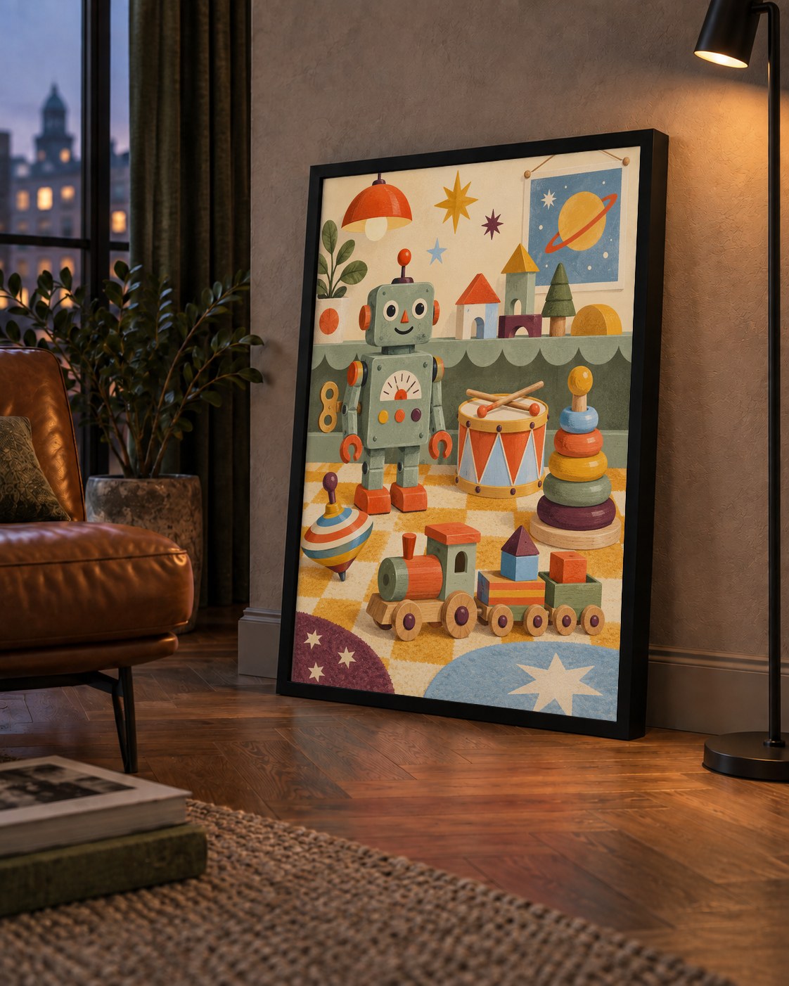 Retro Oyuncak Geçidi Çocuk Odası Posteri — çerçeveli hâliyle bir ev duvarında