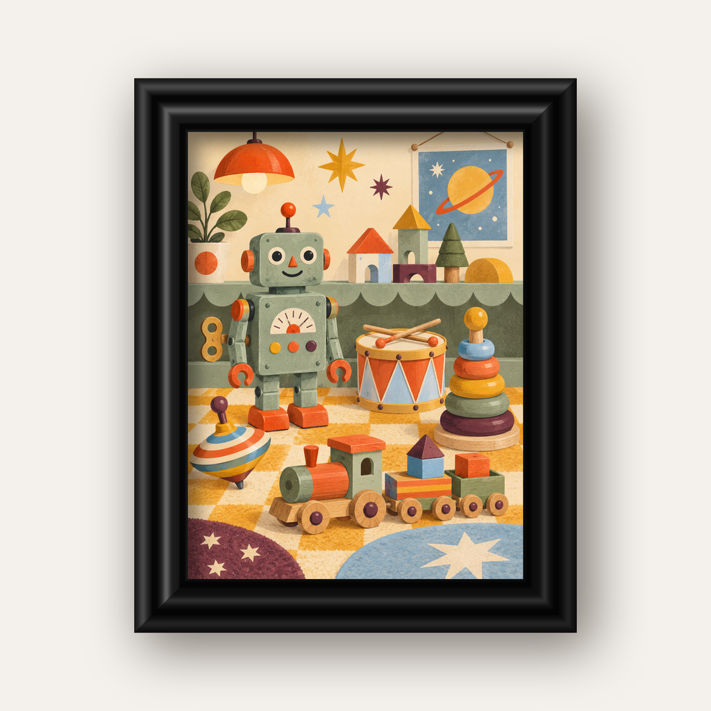 Retro Oyuncak Geçidi Çocuk Odası Posteri — siyah galeri çerçeveli