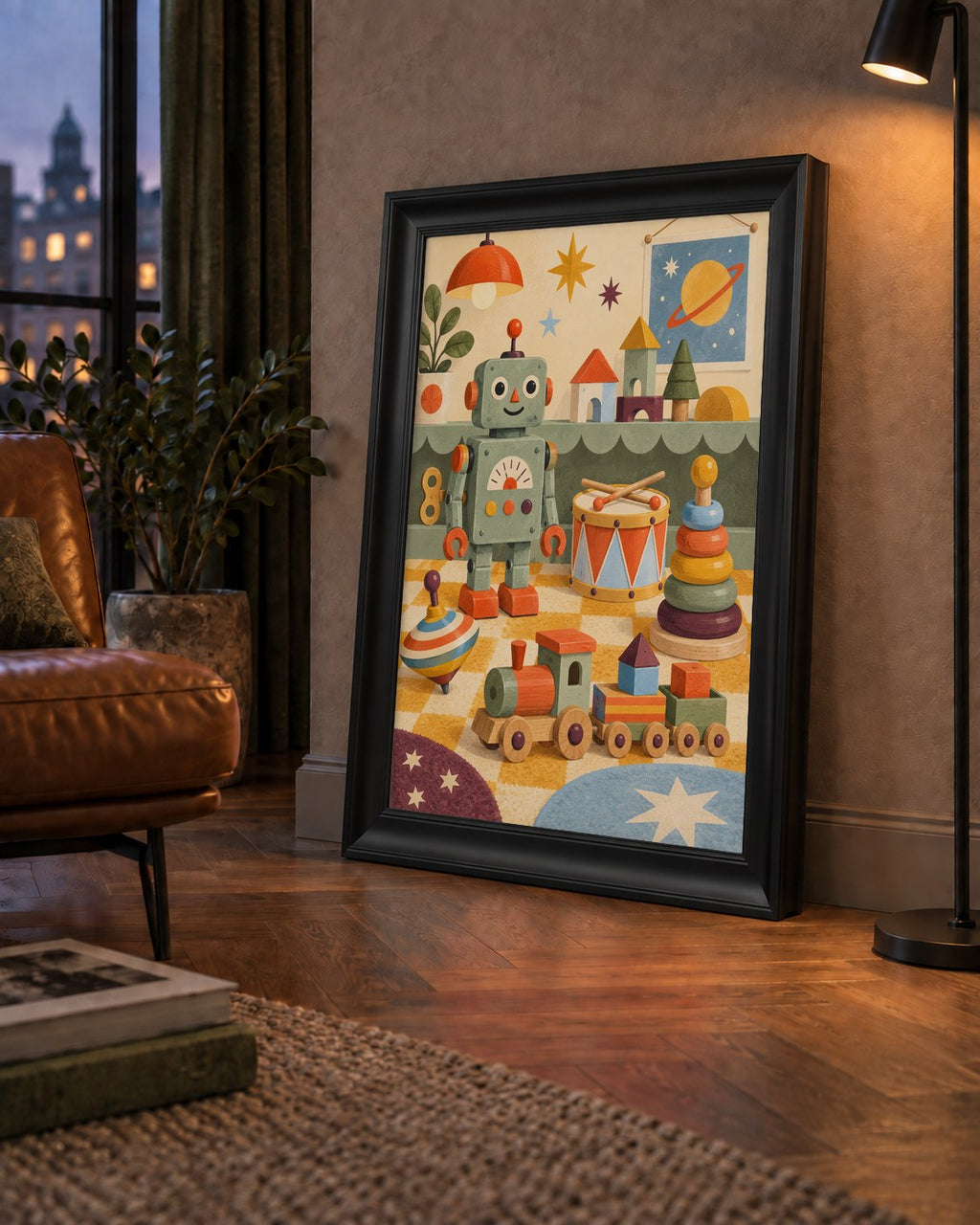 Retro Oyuncak Geçidi Çocuk Odası Posteri — çerçeveli hâliyle bir ev duvarında