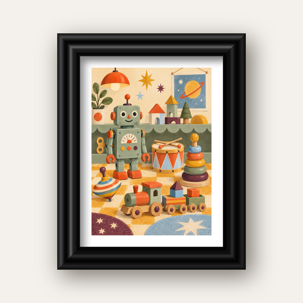 Retro Oyuncak Geçidi Çocuk Odası Posteri — siyah galeri çerçeveli paspartulu