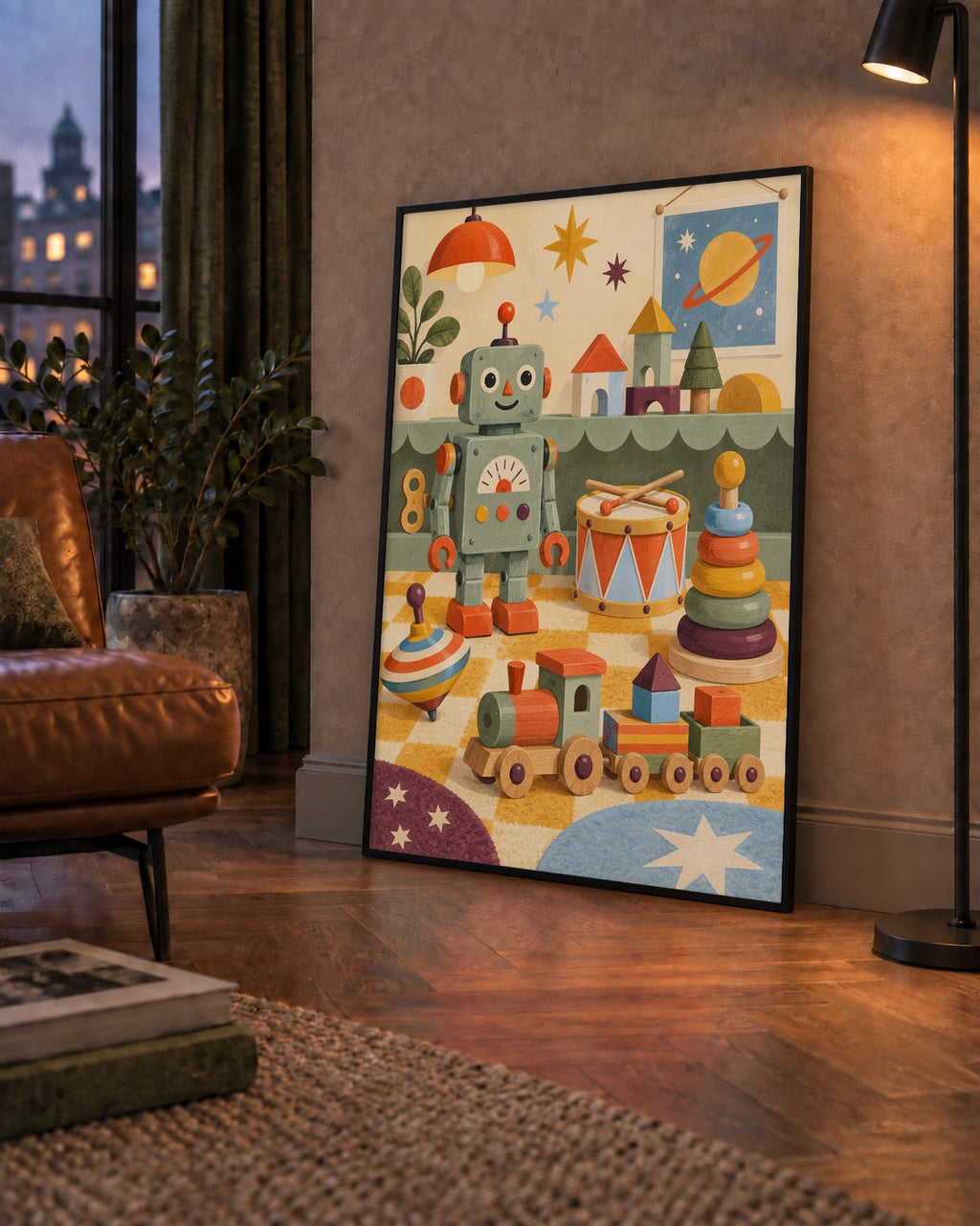 Retro Oyuncak Geçidi Çocuk Odası Posteri — çerçeveli hâliyle bir ev duvarında