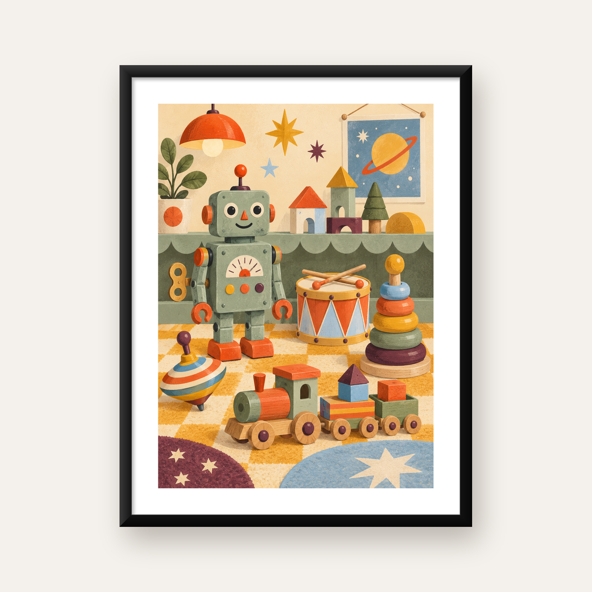 Nostaljik Uzay Temalı Oyuncaklar Dijital Poster — Dikey baskı, beyaz kenar boşluklu