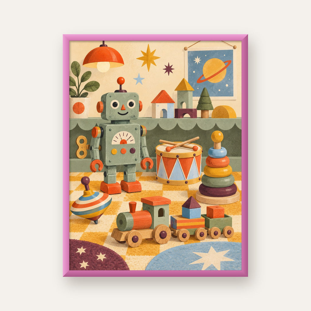 Retro Oyuncak Geçidi Çocuk Odası Posteri — pembe çerçeveli