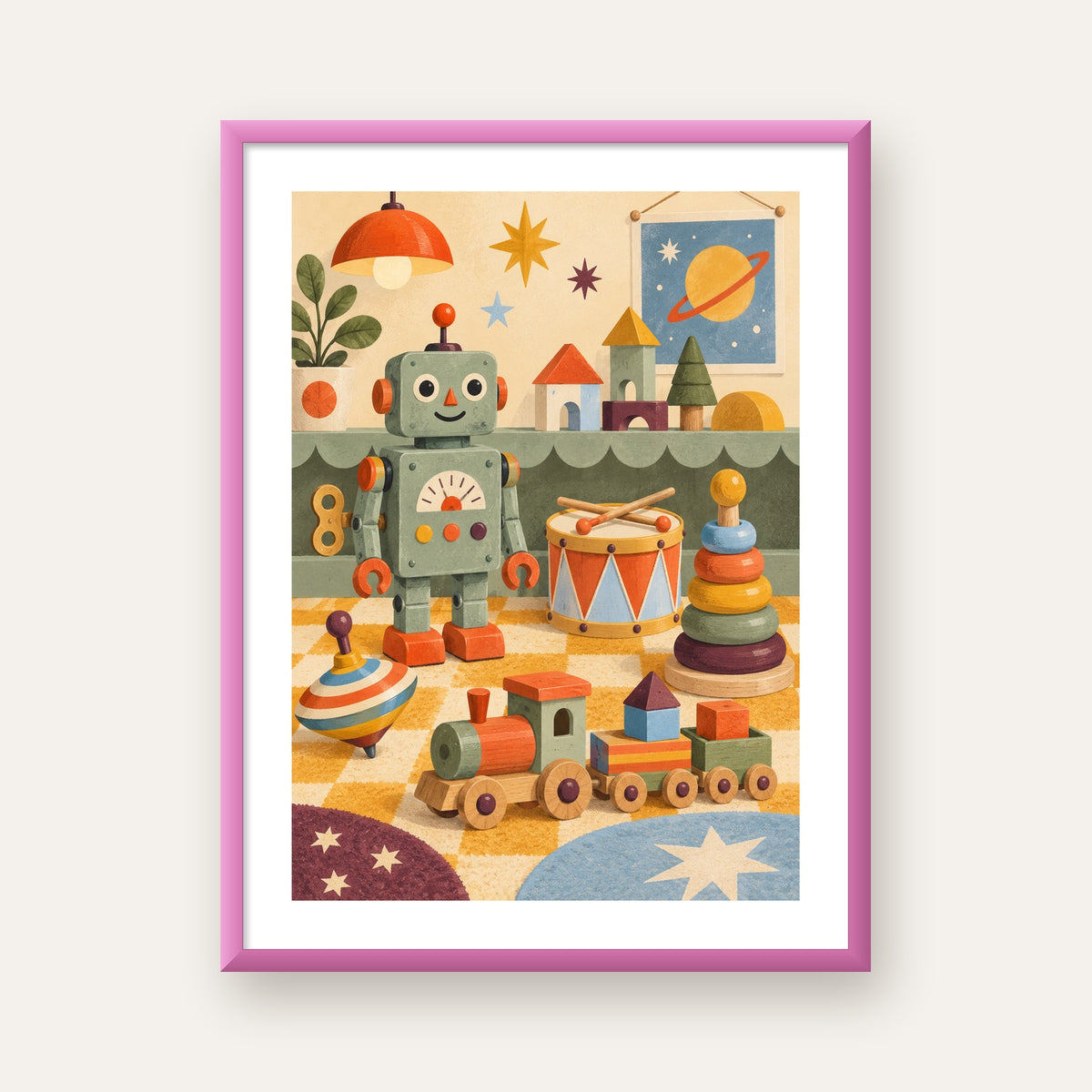 Retro Oyuncak Geçidi Çocuk Odası Posteri — pembe çerçeveli paspartulu