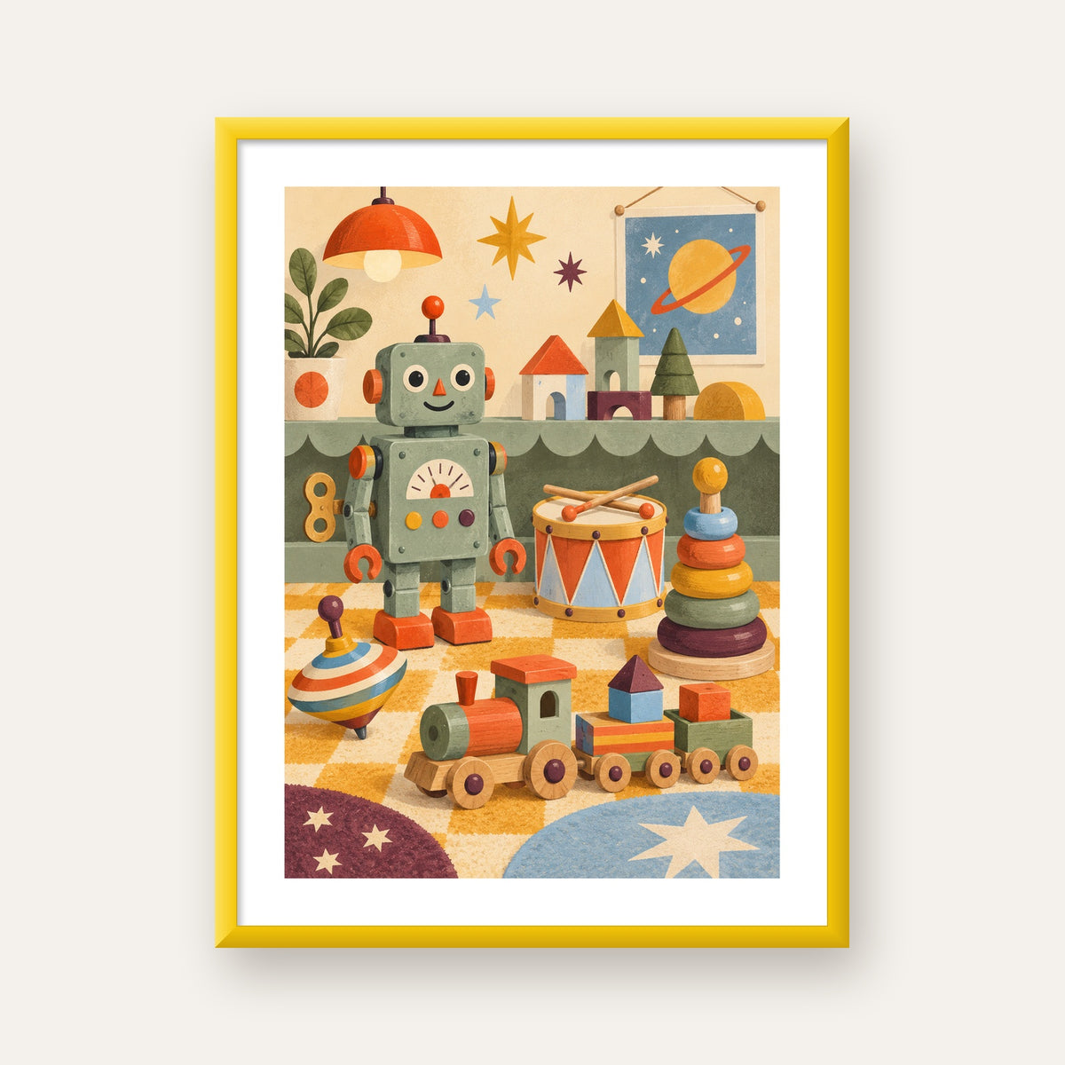 Retro Oyuncak Geçidi Çocuk Odası Posteri — sarı çerçeveli paspartulu
